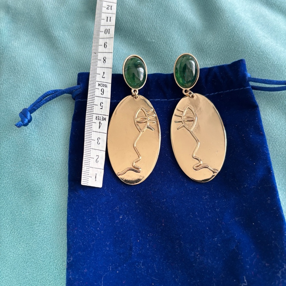 Mango Abstract Face Drop Earrings with Green Cabochons - Picture 2 of 3